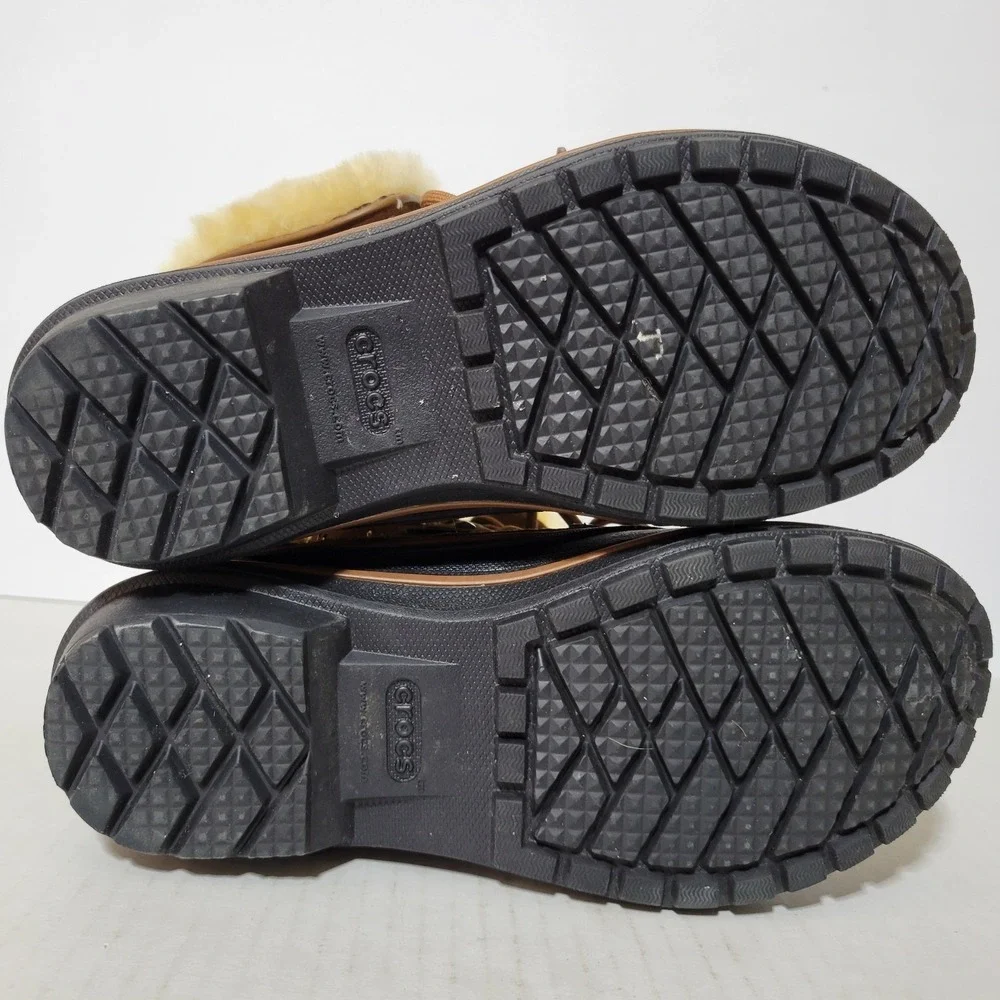 Crocs Allcast Luxe Boots Women's Sz 6‎ Brown Leather Waterproof Duck Snow Cold
